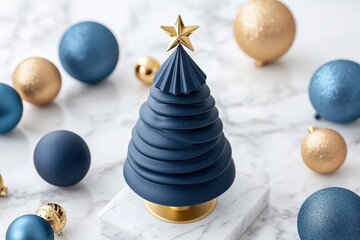 Stylized decorative miniature evergreen object with golden star topping sits amidst blue and gold spherical ornaments on a white marble surface