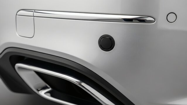 A close-up of a black parking sensor on the silver bumper of a modern car, with the chrome exhaust pipe visible. Represents automotive technology, safety, and driver assistance.