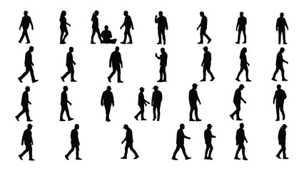 a collection of black human figures in various walking and sitting poses presented as a striking silhouette