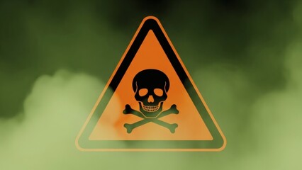 A skull and crossbones warning sign, indicating poison or toxic danger, emerges from a green, smoky, hazardous fog.