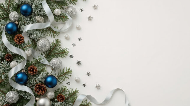 Decorazioni natalizie blu e argento con rami di abete innevati su sfondo chiaro. Generative AI