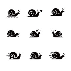 Snail Mollusk Icons Set Crawling Eating and Moving Fast Motion