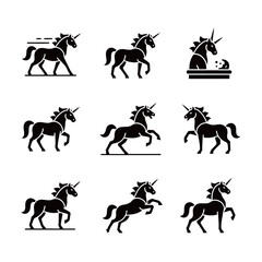 Unicorn Mythical Creature Icon Set Running Standing and Prancing