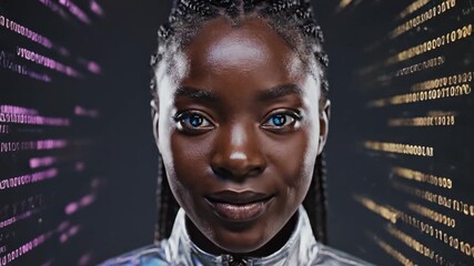Digital Future Portrait - A close-up portrait of a woman with braids and striking blue eyes set against a background of glowing digital binary code streams. - Powered by Adobe