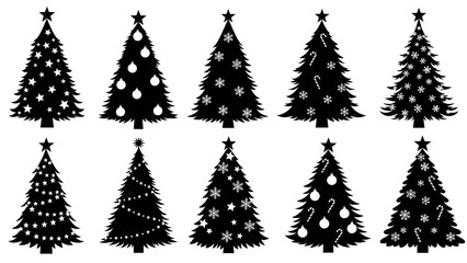 Obraz premium Christmas tree icon collection. Includes decorated trees with ornaments and stars. Created in black silhouette style with white accents.