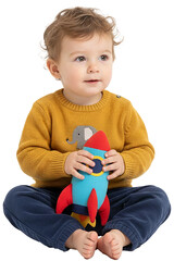 PNG. portrait of a smiling cute boy. little boy sitting on the floor isolated on transparent background. little boy playing with toy.
