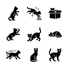 Black Cat Playful Actions Icons Collection Jumping Sitting and Sleeping