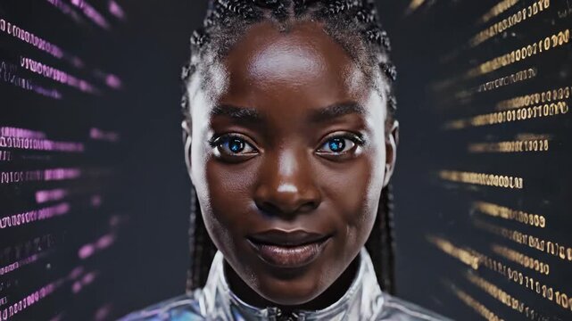 Digital Future Portrait - A close-up portrait of a woman with braids and striking blue eyes set against a background of glowing digital binary code streams.