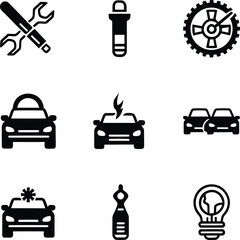 Automobile car service and maintenance icon set collection bundle with repair tools vehicle insurance dipstick lightbulb silhouette isolated.