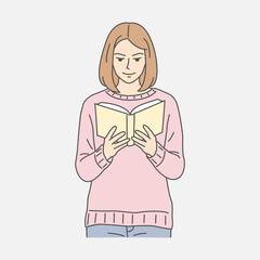 Flat cartoon illustration of a young woman reading a book.