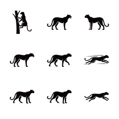 Black Panther and Leopard Icons Set Running Walking and Climbing
