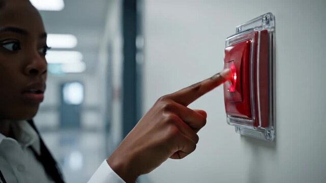 Emergency Fire Alarm Activation - An African-American woman is pressing a red emergency fire alarm in a white hallway.