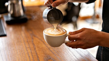 カフェでハートのラテアートを描く職人の手元