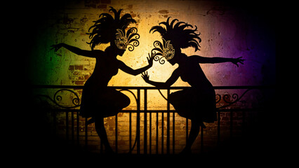 Fantasy illustration, shadow dance on the wall, recognizable by Mardi Gras feathers and masks. 