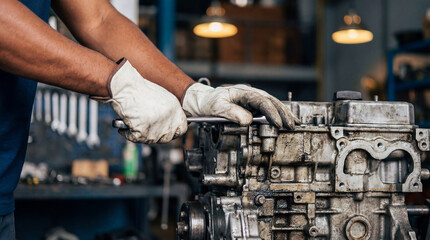 Close-up of black mechanic's hands in dirty gloves using a wrench on a car engine in a garage
