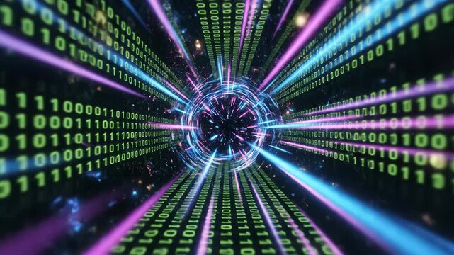 Digital Binary Tunnel - This video shows a vibrant tunnel composed of binary code, 0s and 1s. The code appears to be accelerating toward a bright, abstract singularity at the center, creating a