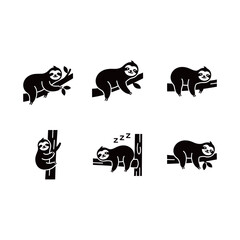 Sloth Tropical Mammal Icons Collection: Monochromatic Graphic Set Depicting Slow Movement and Resting on Branches