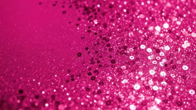A vibrant pink background shimmers with a dazzling array of glitter and iridescent sequins. The light catches each tiny particle, creating a dynamic, sparkling effect and soft bokeh highlights that gr