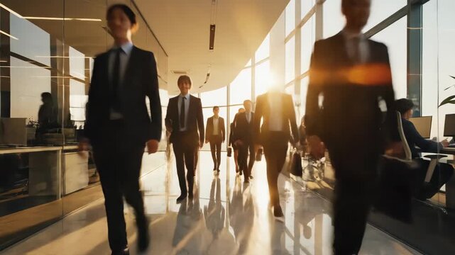 Business Team Walking in Modern Office - A group of business professionals is walking through a bright, modern office hallway.