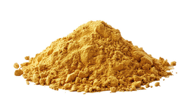 Organic yellow golden maca powder showcasing fine texture and rich earthy color, perfect for enhancing health and energy in beverages or recipes isolated on white background