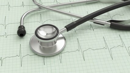 A medical stethoscope lies on an electrocardiogram printout showing the peaks and valleys of a heart rhythm. The image represents healthcare, cardiology, and medical diagnosis.