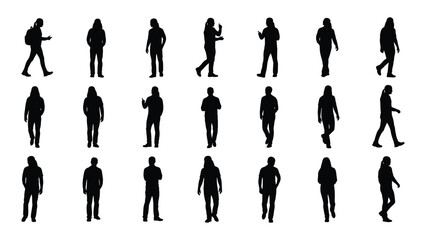 a collection of diverse human figures shown in black representing various poses and actions as a silhouette