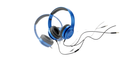 Modern blue headphones with cables floating in space  isolated on transparent background