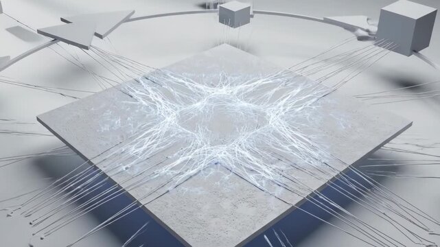 Abstract Network Connection Concept - A computer generated video showing an abstract interconnected network with glowing lines emanating from a square platform.