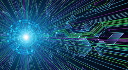 Abstract digital tunnel with technology circuit boards and bright light