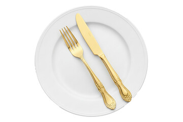 PNG. white plate and cutlery. Fork and knife on white plate isolated on transparent background.