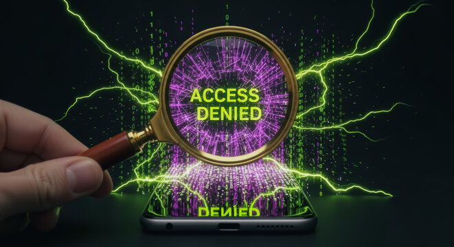 A close-up photograph captures the concept of Access Denied, a warning of restricted entry. Through the use of a magnifying glass, the message is amplified, set against an electric. - Powered by Adobe