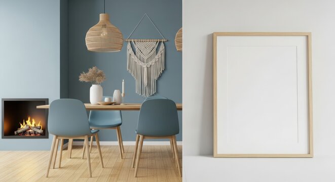 Cozy modern dining room with fireplace minimalist decor and blank framed art on wall - Powered by Adobe