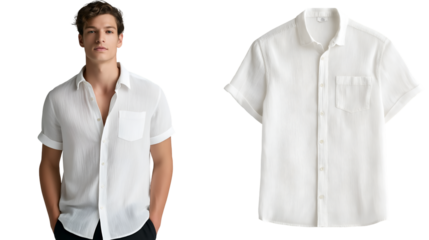 Handsome young man models a textured white short sleeve button up shirt next to a product display cutout