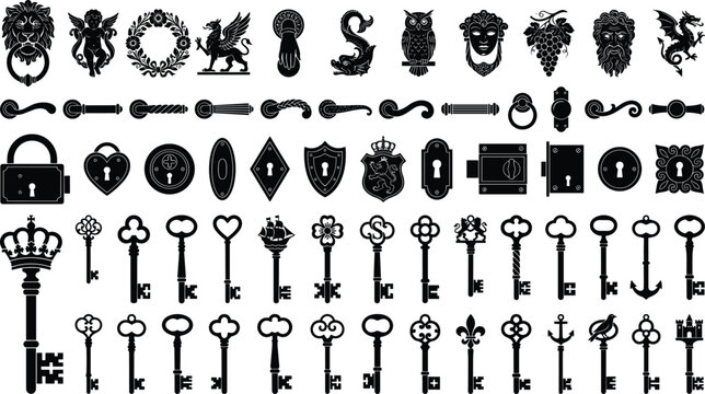 Vintage lock and key silhouettes with ornate decorative elements, heraldic symbols, door hardware, security icons, and antique illustration motifs