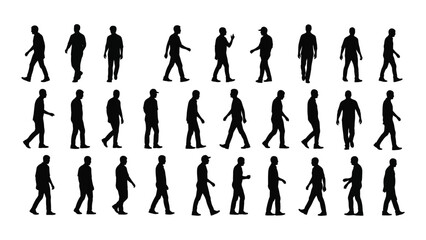 A collection of black silhouettes depicting various human walking and running poses in a repeating pattern silhouette