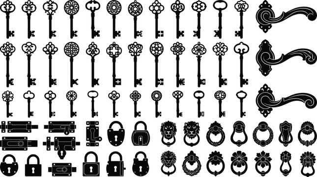 Vintage vector collection of ornate keys, padlocks, door handles, bolts, and decorative knockers designed for antique themes, restoration, and graphic projects