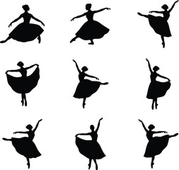 Elegant ballerina silhouette set showing classical ballet poses tutu arabesque pirouette plie grand jete pointe dance vector illustrations collection pack © Creative Vector