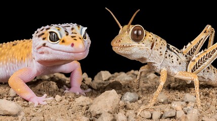 A close-up portrait of a leopard gecko facing a grasshopper on the desert ground