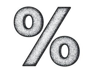 Vintage stipple engraving style percentage sign illustration featuring detailed textured lines and classic hand-drawn etched form isolated on white background
