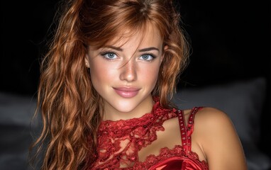 Confident young woman with bright red hair and blue eyes wearing a red lace dress, smiling warmly in a studio portrait with a sleek dark background.