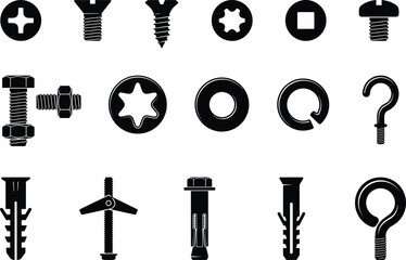 Naklejka premium Comprehensive collection of screw, bolt, nut, washer, and hardware fastener silhouettes for construction, engineering, DIY projects, and technical vector designs