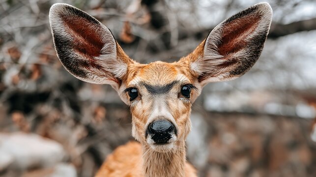 A close-up portrait of a young deer with large ears and soulful eyes, looking directly at the viewer - Powered by Adobe