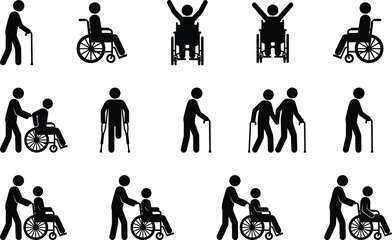Set of mobility assistance stick figure icons showing wheelchair users, caregivers, crutch walkers, and elderly individuals supported with canes in various situations