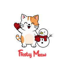 A cheerful chibi cat hugging a snowman while smiling joyfully, illustrated in a cozy holiday flat vector style on a white background