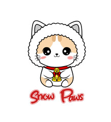 A winter-themed chibi cat wearing a fluffy snow hood and holding a tiny bell, designed in a cute flat vector style on white