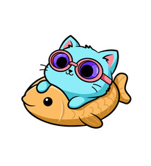 A cool chibi cat wearing round sunglasses while relaxing on a fish float, illustrated in cheerful flat vector style on white