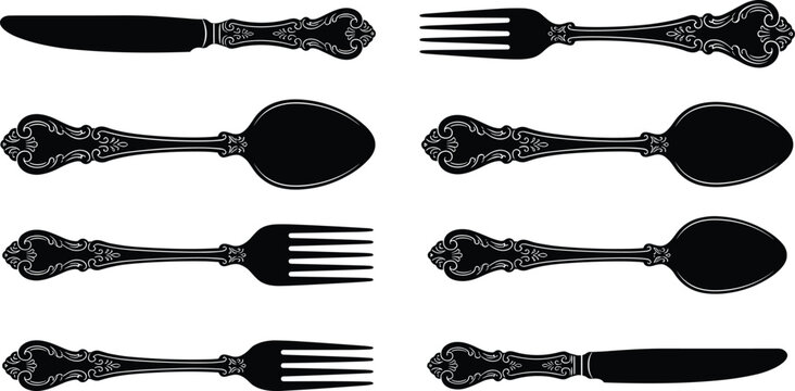 Vintage cutlery silhouette set featuring ornate knife, fork, and spoon designs with decorative handles for elegant kitchenware vector illustration use