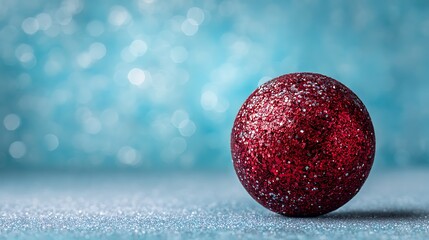 A close-up shot of a single, shiny red Christmas bauble on a shimmering blue background
