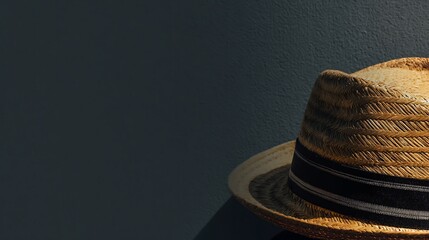 A close-up shot of a straw hat with a black band, casting a long shadow on a dark wall