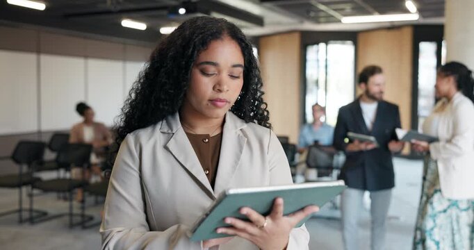 Businesswoman, reading or scroll in conference with tablet for workshop coordination, agenda and plan. People, female employee and typing with tech, convention schedule and corporate training review. - Powered by Adobe